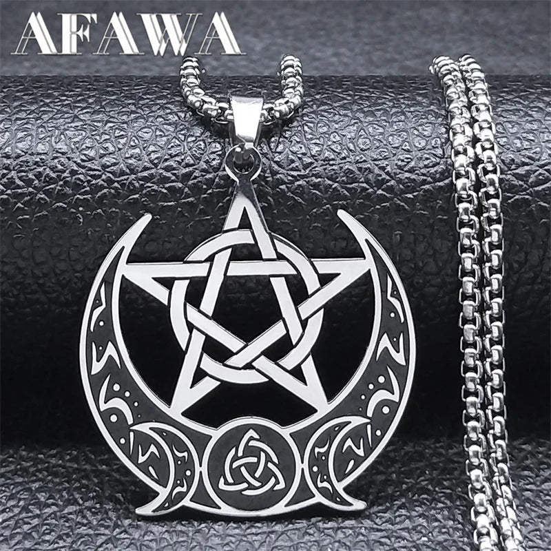 Witch Knot Pentagram Triple Moon Goddess Necklace - Stainless Steel Wicca Crescent Moon Jewelry