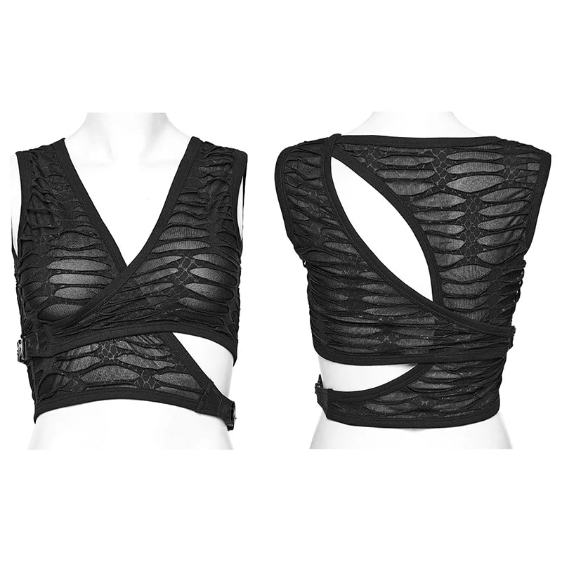 PUNK RAVE Women's Asymmetrical V-Neck Cutout Tank Top - Overlapping Cross-Structure Black Top, Daily Summer Punk Style