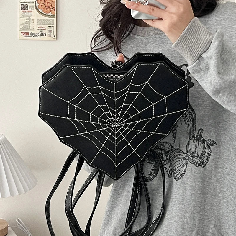 Gothic Style Shoulder Bag for Women – Halloween PU Leather Backpack, Cobweb Crossbody Handbag, Purse for Women