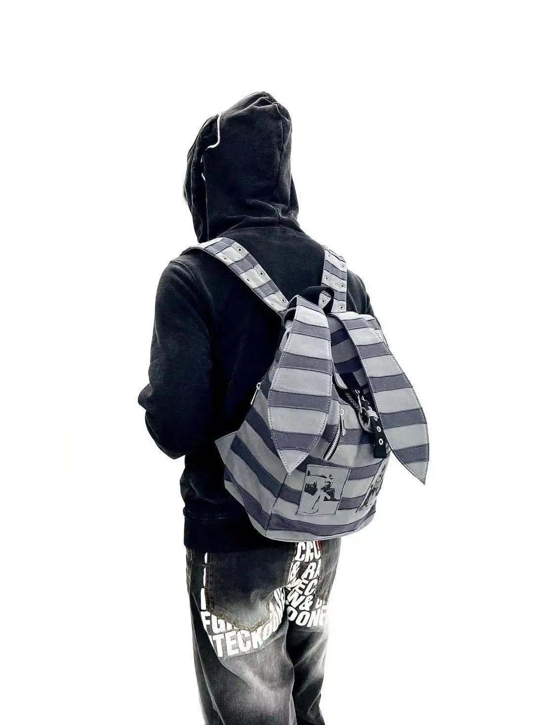 CTRLLOCK Y2K Harajuku Rabbit Ear Backpack - Punk Rock Subculture Stripe Spliced Patchwork Printed Bag