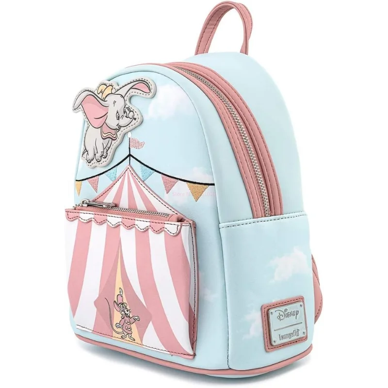 Loungefly Disney Dumbo Flying Circus Tent Girl Double Strap Shoulder Bag Faux Leather Striped Mini Backpack Kids Schoolbag Gift