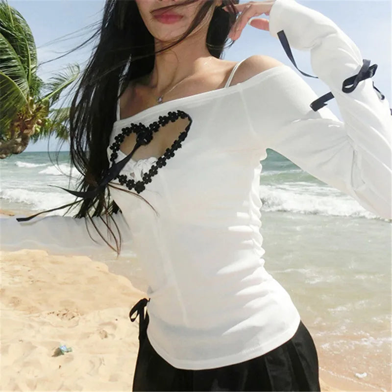 Goth Dark Y2K Heart Hollow Out Long Sleeve Top – Aesthetic Fairy Patchwork Bandage Slash Neck T-Shirt