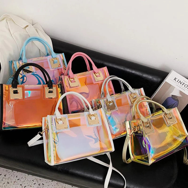 Fashion Laser PVC Jelly Tote Handbag for Women Large Capacity Transparent Top Handle Bags with Coin Wallet Lady Shopping Purse