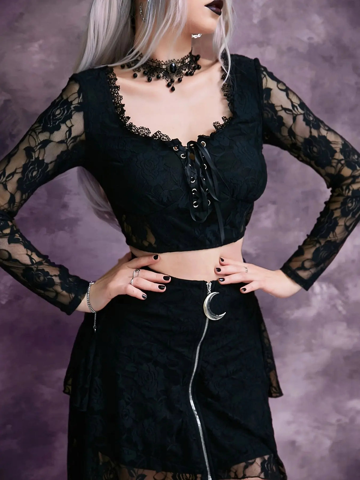 Goth Dark Mesh Patchwork Lace Trim Blouse – Grunge Punk Bandage Crop Top, V-Neck Gothic Alt Shirt for Women