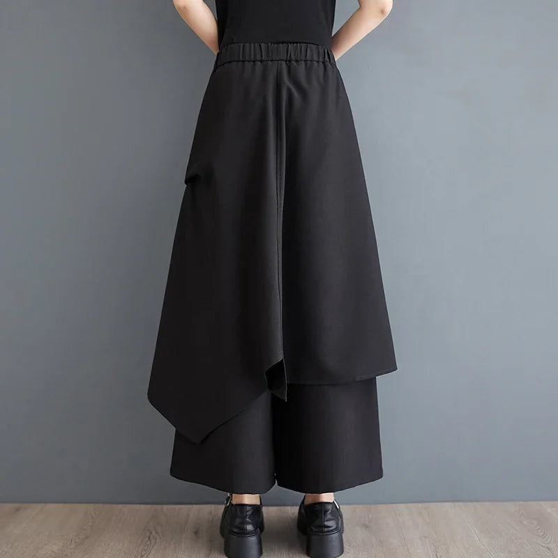 Solid Gothic High Waist Wide Leg Pants for Women - Chic Asymmetrical Design