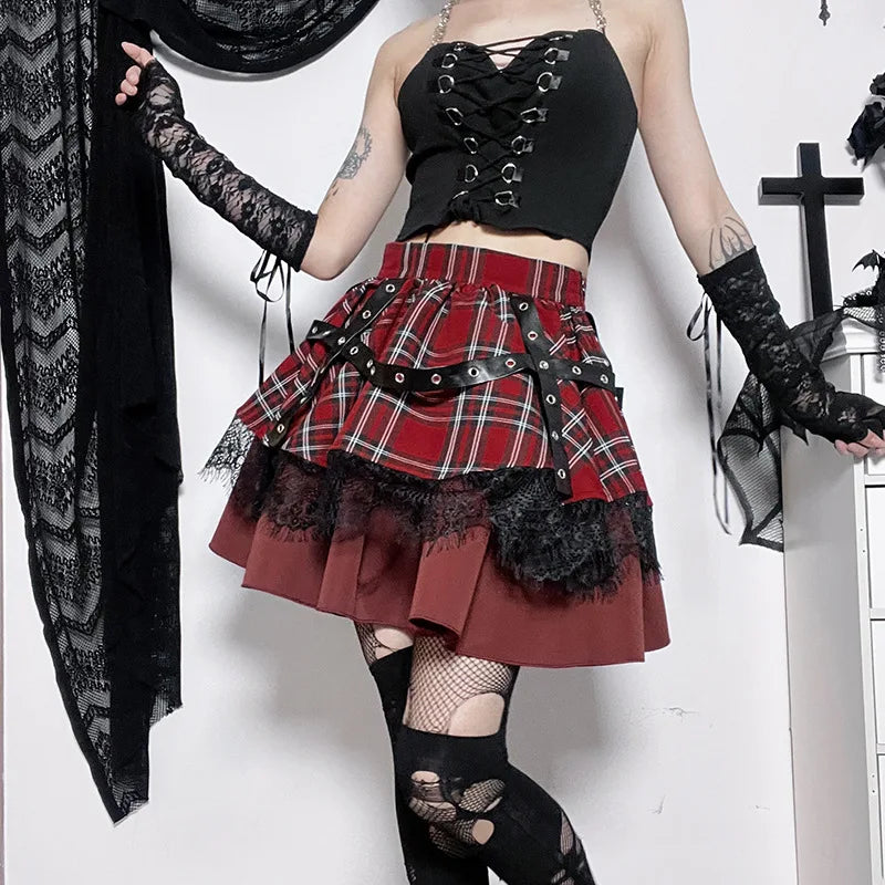 Gothic Harajuku Girls Plaid Pleated Skirt - Punk Sweet Lace Kawaii Clothing, Y2K Lolita Cake Mini Skirt