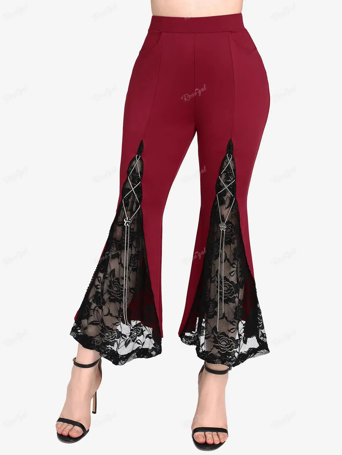 ROSEGAL Plus Size Gothic Lace-Up Flare Pants - High-Waisted Stretch Contrast Bell Bottoms for Women