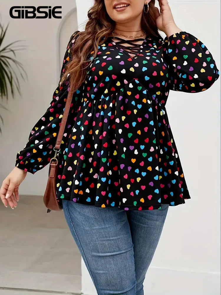 GIBSIE Plus Size Heart Print V-Neck Peplum Blouse for Women 2024