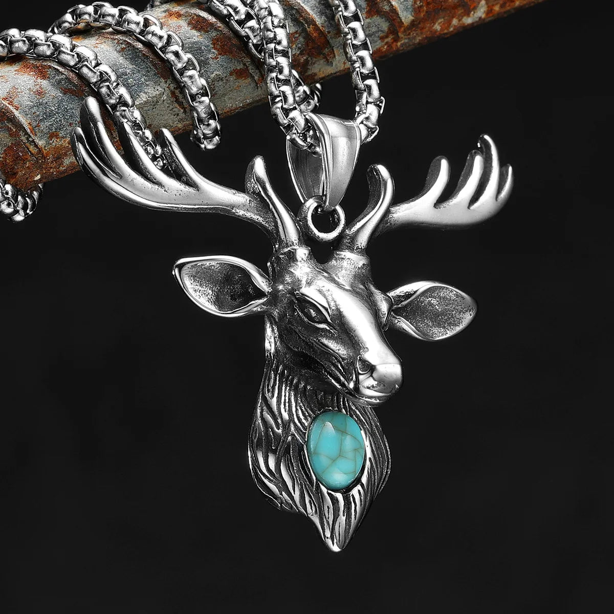 Deer Pendant Necklace for Men – Ancient Reindeer Design, Stainless Steel Gem Chain, Rock Punk Jewelry Gift for Friends