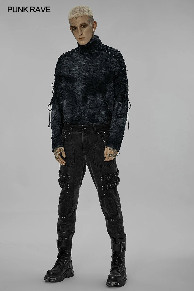 PUNK RAVE Men's Post-apocalyptic Style Micro Elastic Twill Denim Pants Punk Pockets Loops & Eyelets Decorate Black Trousers