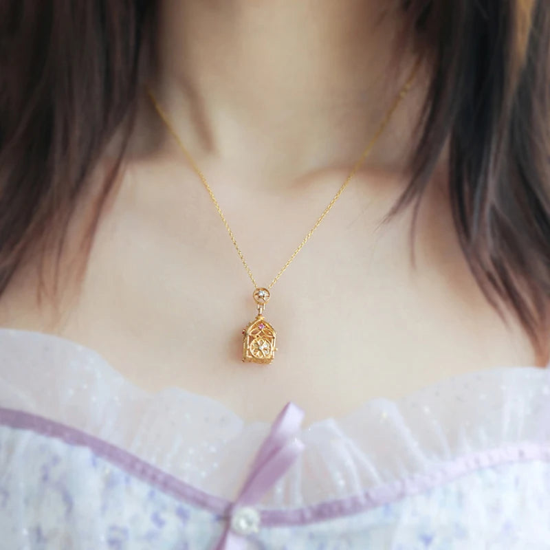 Romantic Court Style Pearl Necklace | Ancient Gold Craft Purple Crystal Open Small Cage Pendant Clavicle Chain