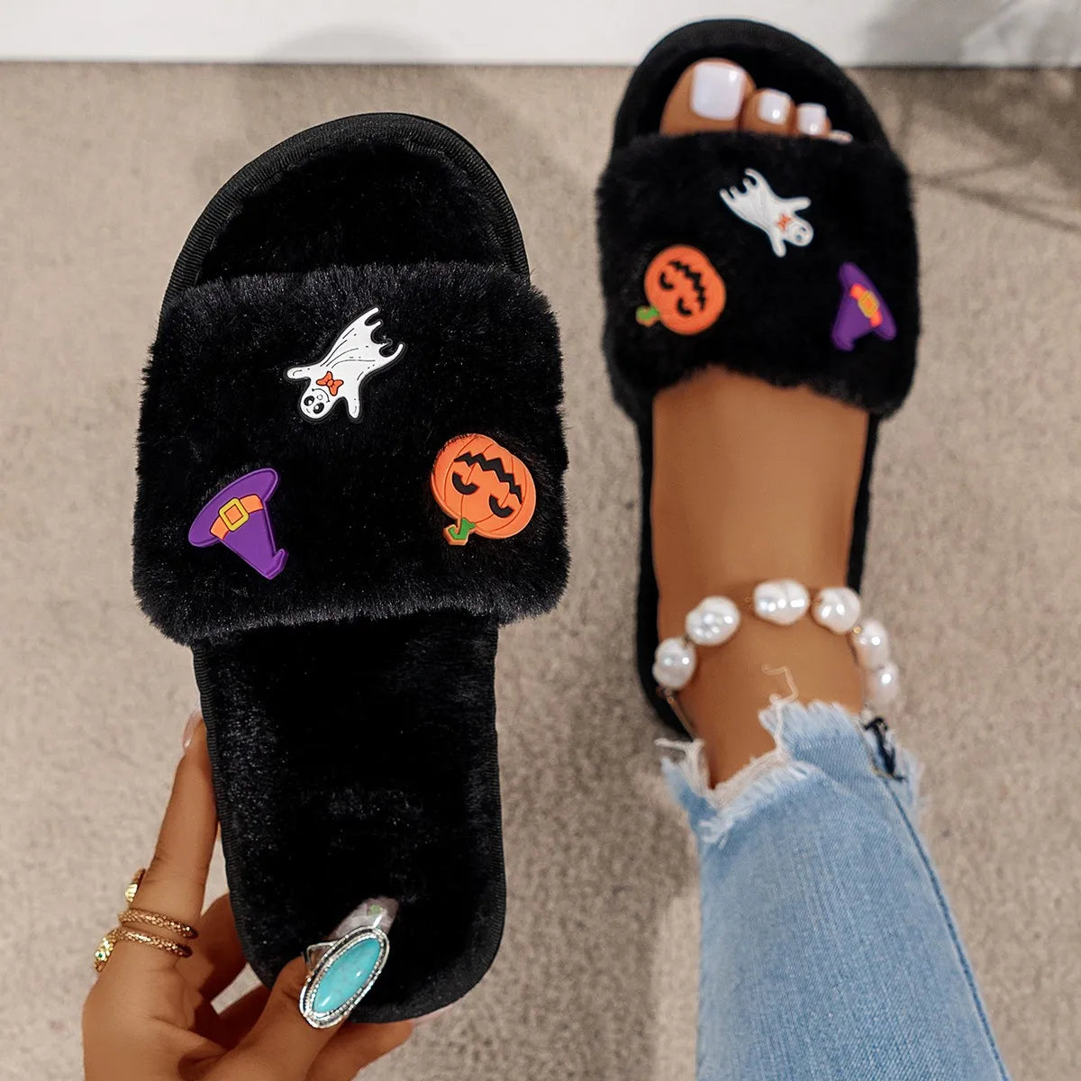 Fashion Winter Halloween Cotton Slippers for Ladies – Plush Open Toe Flat Bottom Home Footwear