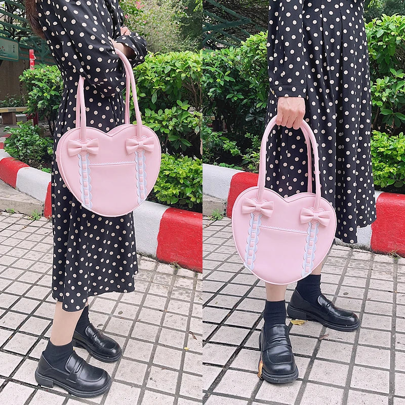 Lolita Heart Shaped Handbag for Women Japanese Kawaii Shoulder Bag Bowknot Purses and Handbags Girls Satchel Bag Totes