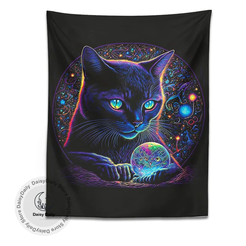 Blacklight Cat Tapestry | Trippy Magic Black Cat Crystal Ball Boho Art Decor | Living Room Wall Art