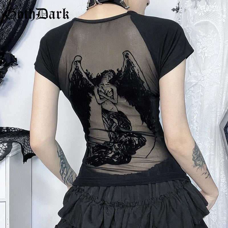 InsGoth Backless Printed Mesh T-Shirt Women’s Gothic Streetwear Grunge Slim Fit Alt Tops Y2K