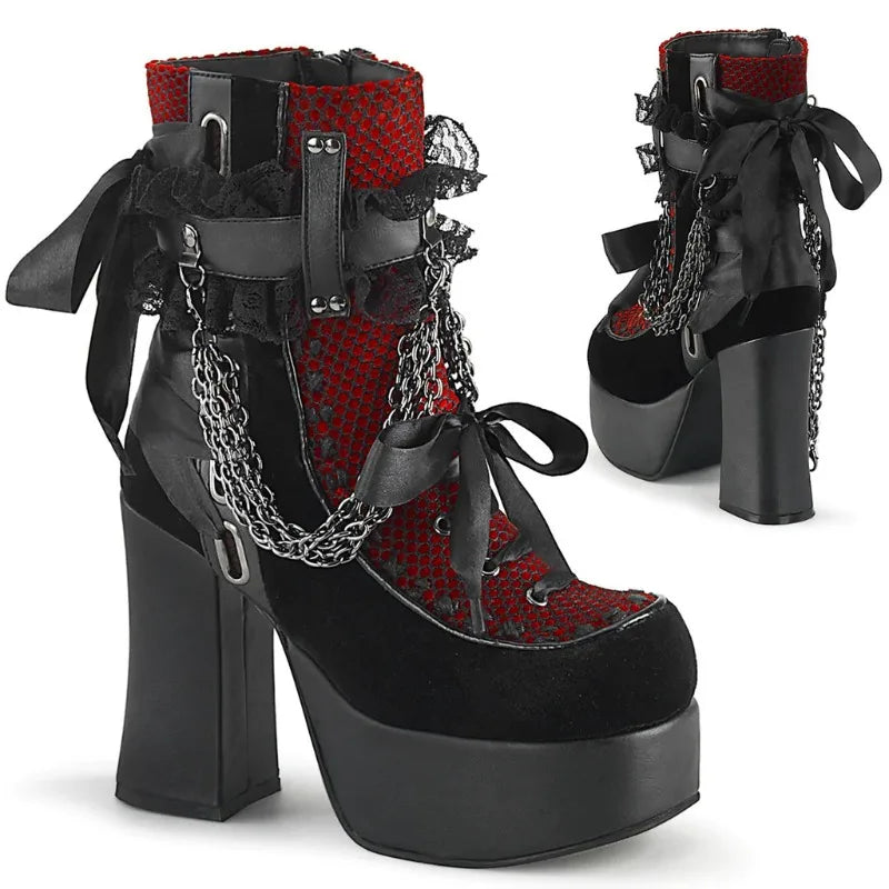 Gothic Chain Lace-Up Bow Short Boots – Retro Round Toe Chunky Platform Ankle Boots for Women, Punk Party Shoes