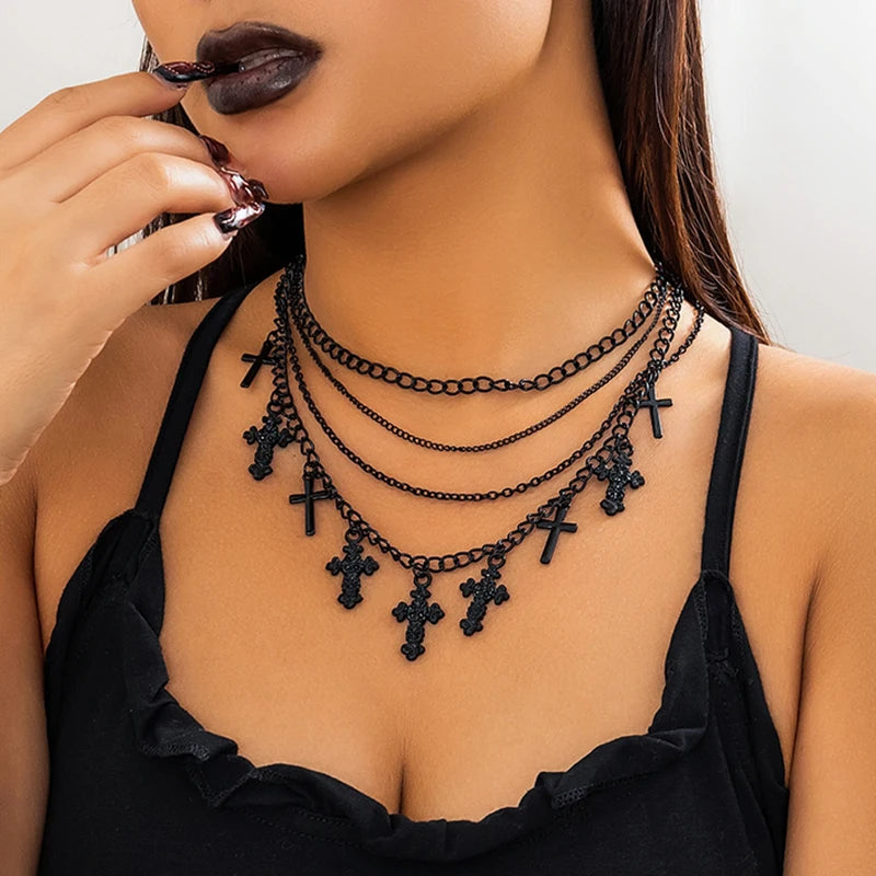 4Pcs Goth Black Cross Tassel Pendant Choker Necklace for Women - Punk Metal Clavicle Chain Halloween Jewelry Y2K Accessories