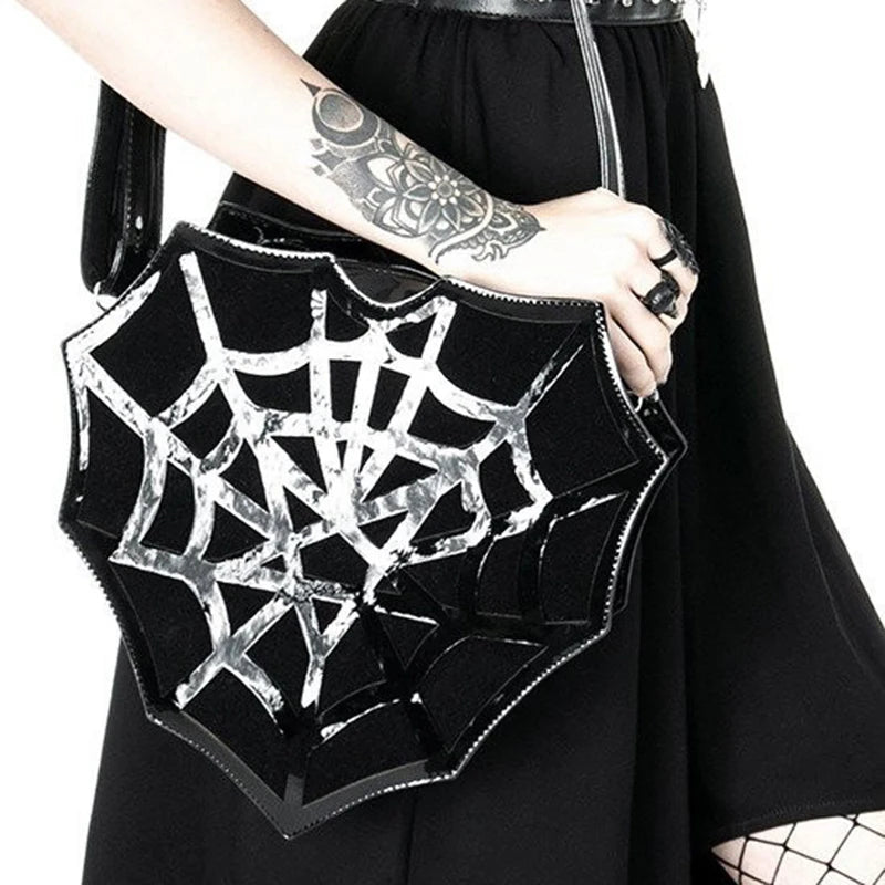 PU Leather Women’s Shoulder Bag - Dark Fashion Spider Web Slant Straddle Handbag, Punk Style Halloween Creative Bag