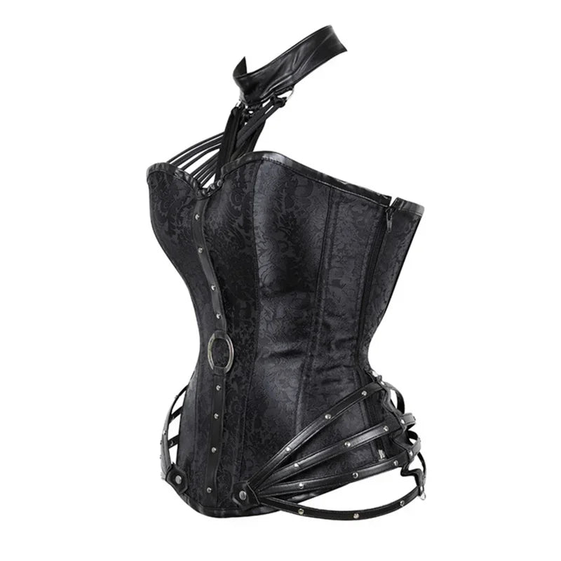 Steampunk Plus Size Leather Halterneck Overbust Corset Gothic Steel Boned Burlesque Women Slimming Body Tops Bustier