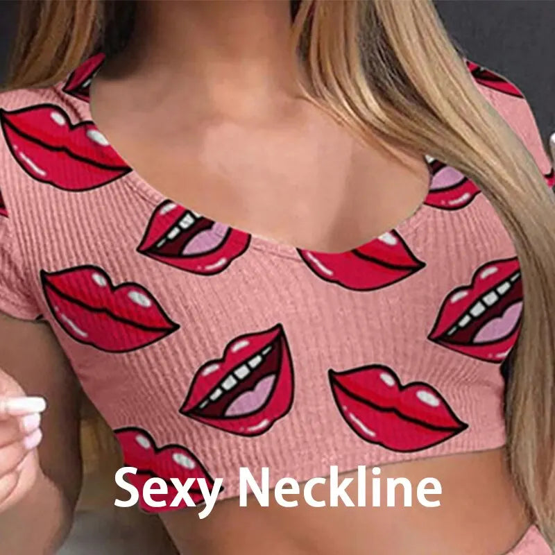 Summer Short Sexy Casual Lips Print Female Sleepwear Suit Pajamas 2pcs Top+Pants Skinng Women Homewear Underwear