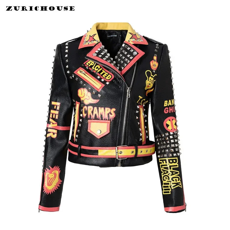 Punk Rivets Cropped Leather Jacket for Women – 2024 Trend Streetwear with Contrast Color Graffiti Print, Faux Leather Motorcycle Jacket