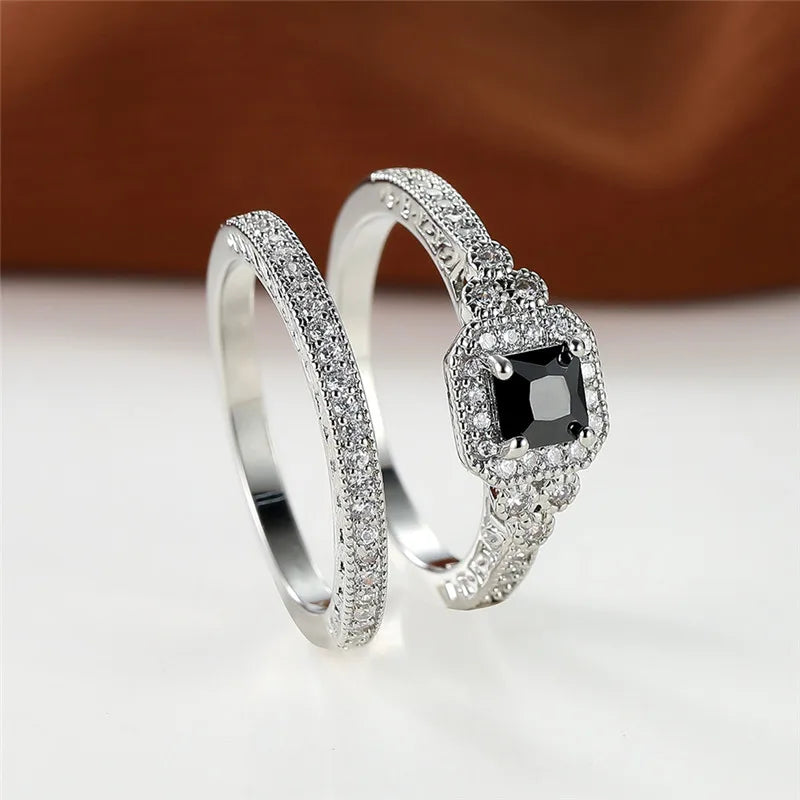 Luxury Black Zircon Crystal Engagement Ring Set - Cute Wedding Jewelry for Women