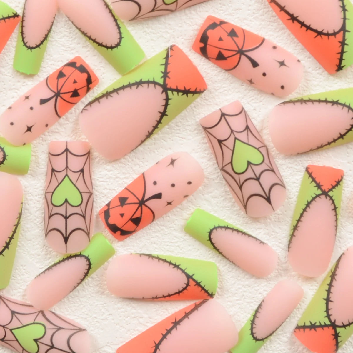 24pcs Halloween-Themed Matte Press-On Nails - Long Square Shaped Mixed Color Nails with Spider Web, Heart, and Pumpkin Designs