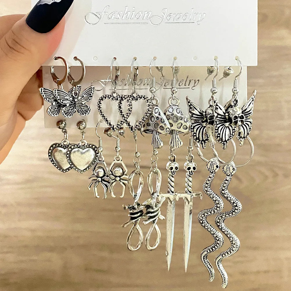 10-Piece Goth Emo Earrings Set – Vintage Butterfly, Snake, and Heart Dangle Charms, Fashion Costume Accessories