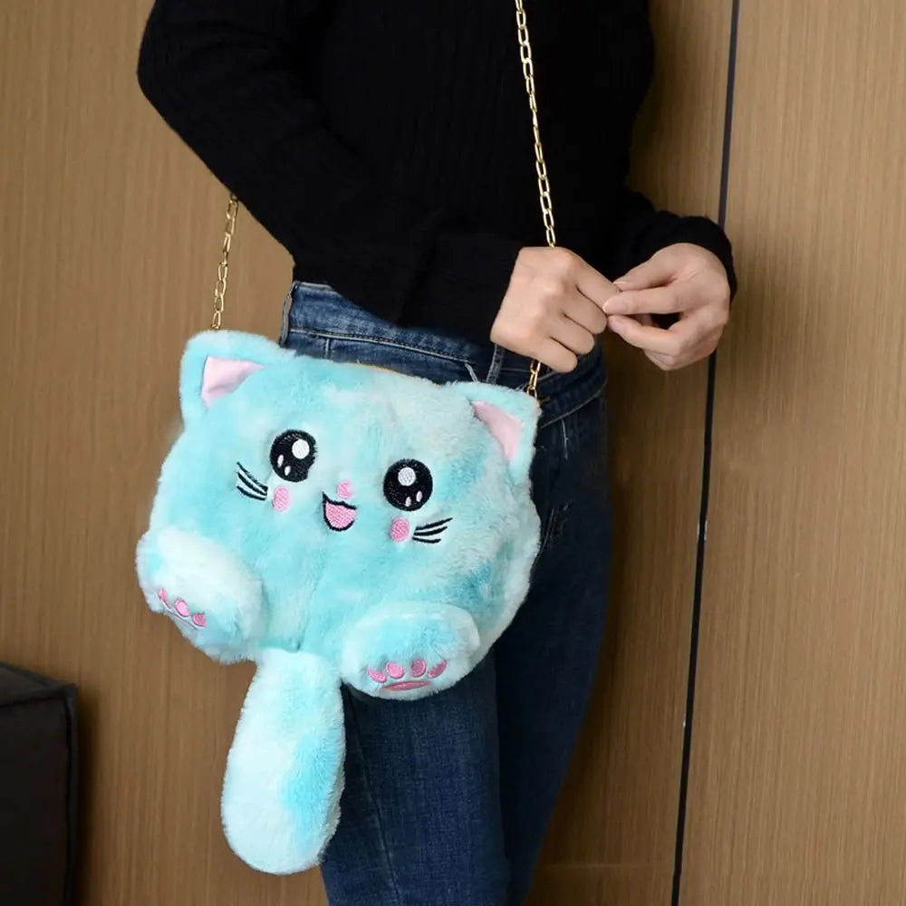 Faux Fur Cat Shoulder Bag | Casual Cartoon Chain Strap Stuffed Doll Bag | Rainbow Plush Crossbody Bag for Women and Girls