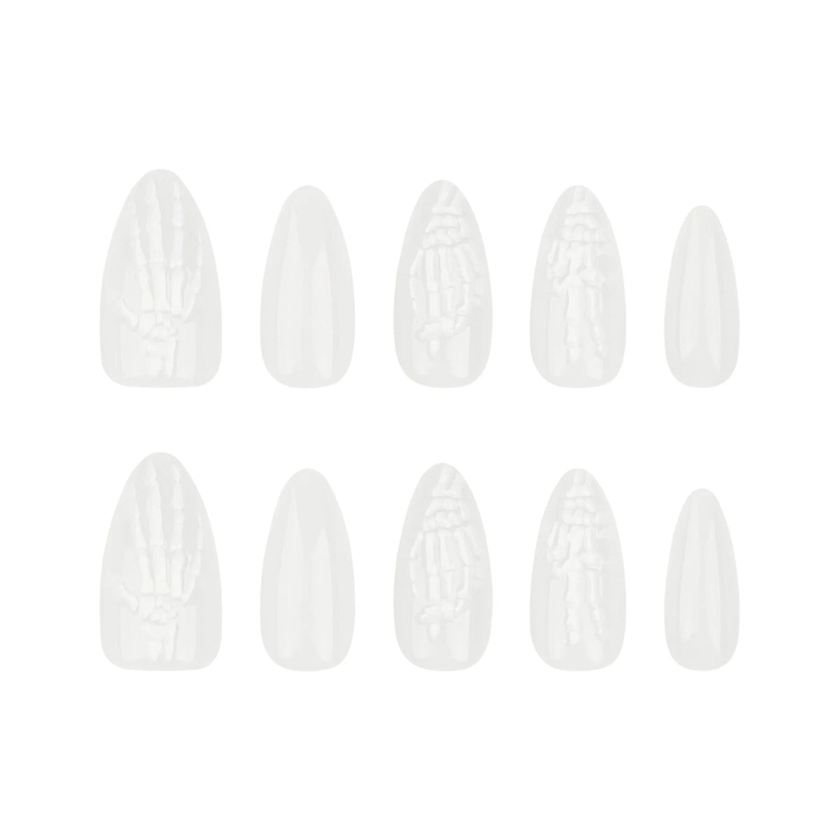 24pcs Skeleton Hand Press-On Nails – Simple White Almond Shape Full Cover Fake Nails for Halloween Manicure