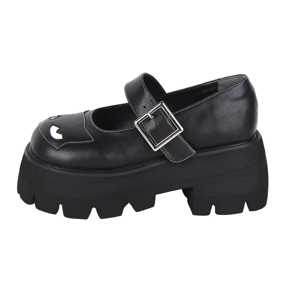 Women’s and Girls’ Lolita Punk Rock Mary Jane Shoes - Chunky Low Platform with Black Cat Accents