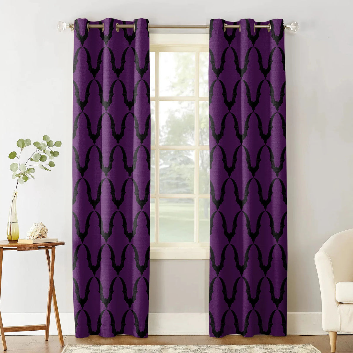 Halloween Bat Purple Curtains - Decorative Window Treatment Drapes for Living Room, Bedroom, and Kitchen