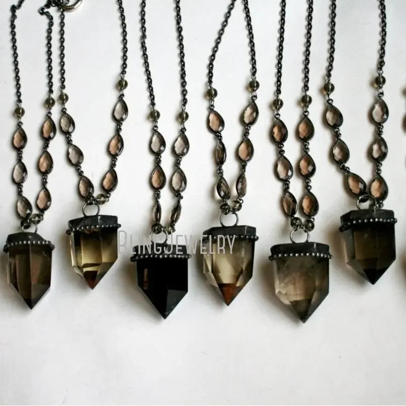 10pcs Crystal Point Halloween Necklace – Women's Smoky Quartz Pendulum Talisman Obelisk Wiccan Jewelry