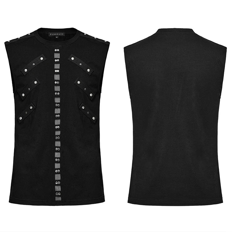 PUNK RAVE Men's Punk Daily Front Mesh Bottom Decorated Tank Personality Handsome Cool Black Streetwear Sleeveless Top Men Summer