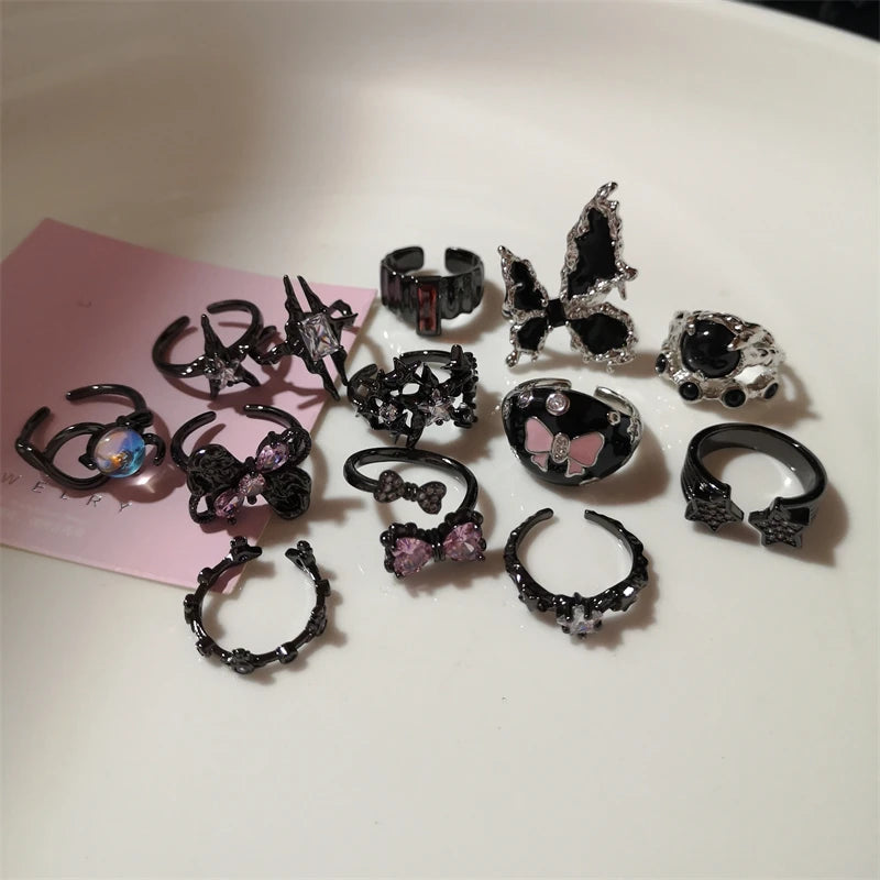 Fashion Gothic Animal Black Zircon Rings Y2K Star Crystal Opal Ring Goth Spider Butterfly Rings for Women Girl Aesthetic Jewelry