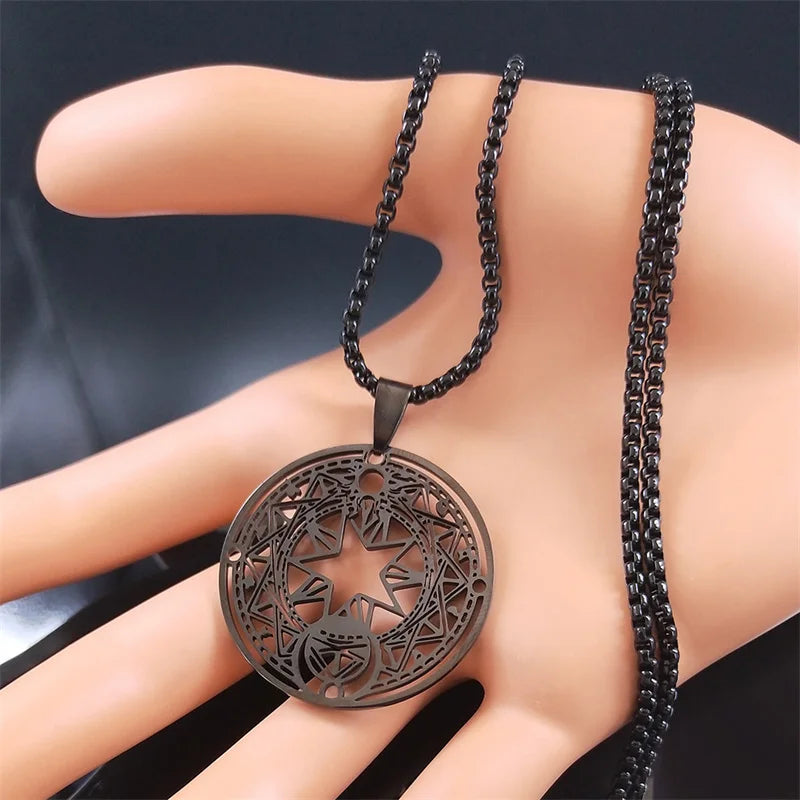 Goth Japan Anime Sakura Magic Circle Necklace - Card Captor Pentacle Hexagram Sacred Geometry Stainless Steel Jewelry (N42)