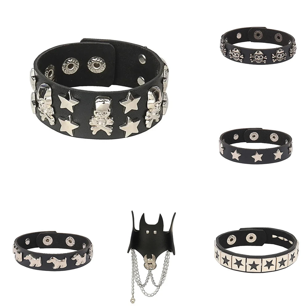 Gothic 90s Punk Star Goth Bat Skeleton Wrap Bracelet Women Men Skull Star Black PU Leather Bracelet Bangles