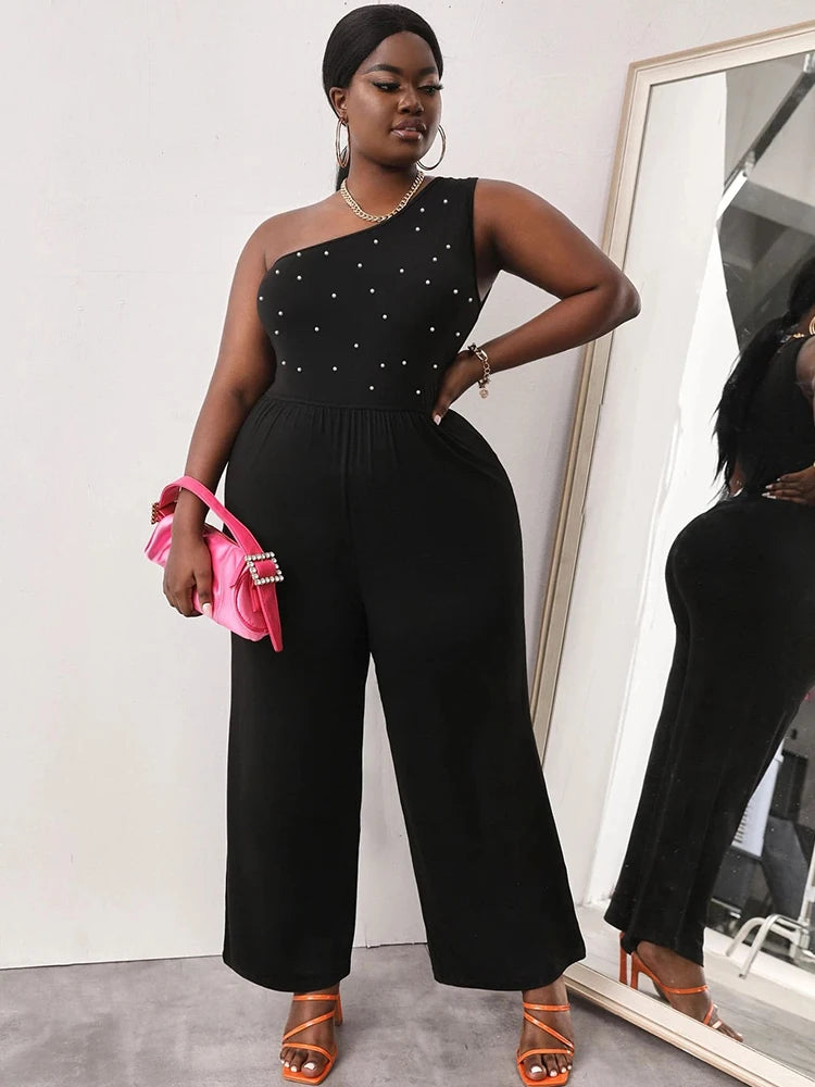 One-Shoulder Jumpsuit with Pearls – Black Sexy Plus Size Summer Outfit for Women