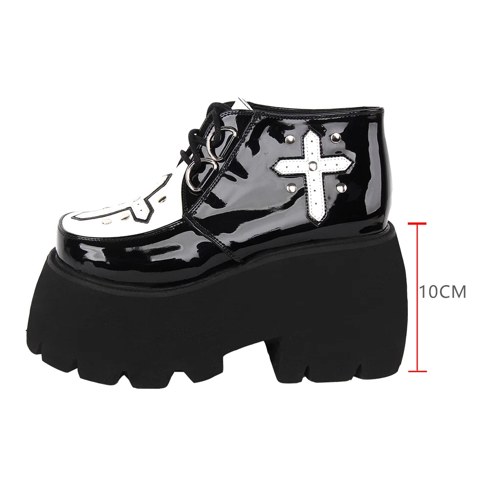 Angelic Imprint New Women's Punk Style Chunky Platform Shoes - Slip-On with Laces and Cross Printed Details