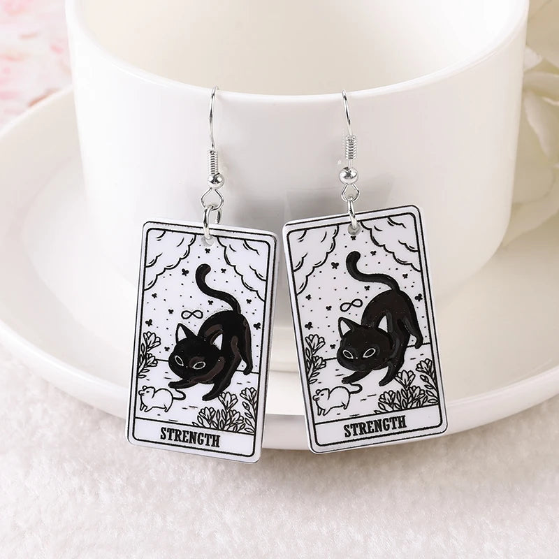 1 Pair Drop Earrings - Black & White Cat Tarot Deck Card with Sun, Moon, Star, and The Lovers Divination Crafts Fashion Jewelry Gift