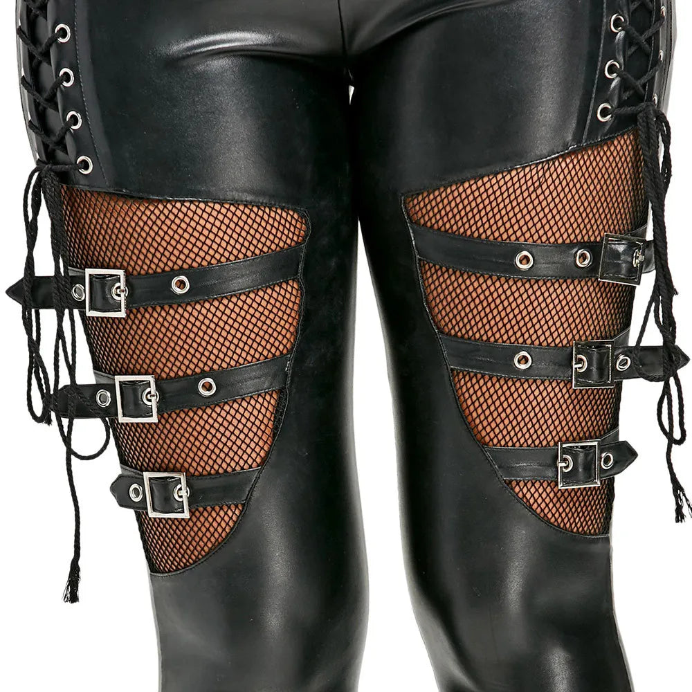 PU Leather Skinny Slim Fit Goth Punk Mesh Cut Out Buckle Detail Leggings