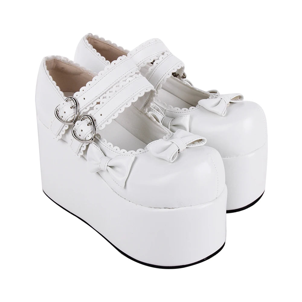 Women’s and Girls’ Lolita Punk Rock High Platform Mary Jane Shoes - Heart Buckle Straps with Bow Toe Accents