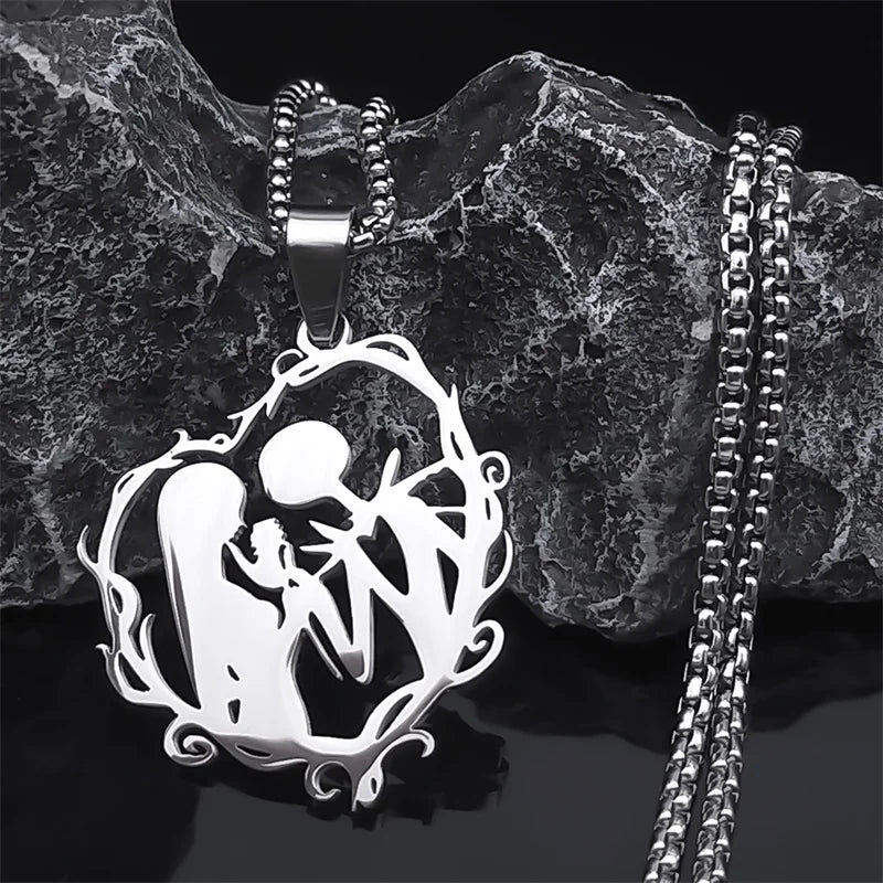 Gothic Stainless Steel Love Necklace for Couples - Silver Color Jewelry for Women and Men