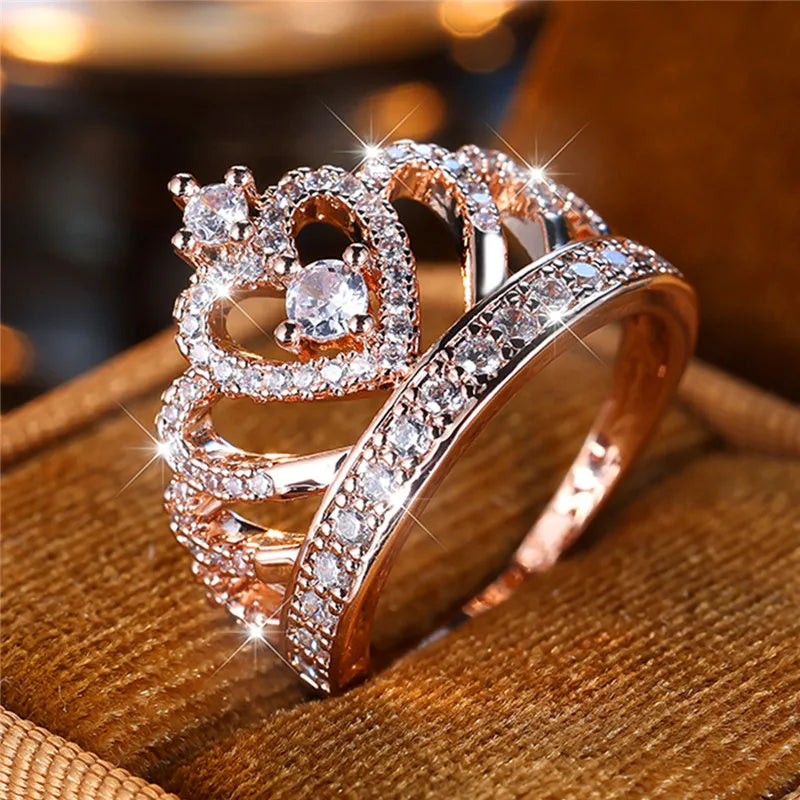 Luxury Female Big Heart Crown Zircon Stone Engagement Ring - Rose Gold Bride Wedding Jewelry Gift