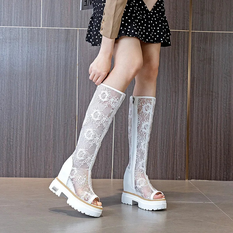 Women’s Luxury Hollow Lace Ankle Boots - High-Top Summer and Fall Platform Shoes, Casual Flat Design