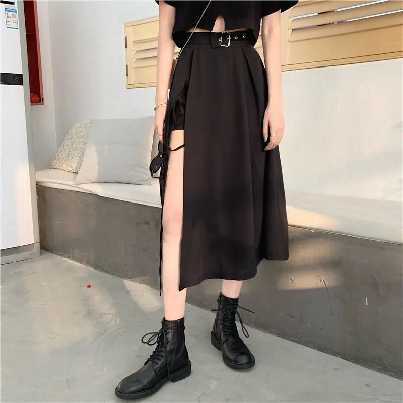 Vintage Dark Gothic High Split Mid-Calf Skirt: Elegant Fashion for Women's Party Club, High Waist Femme Bottom Streetwear Goth Style