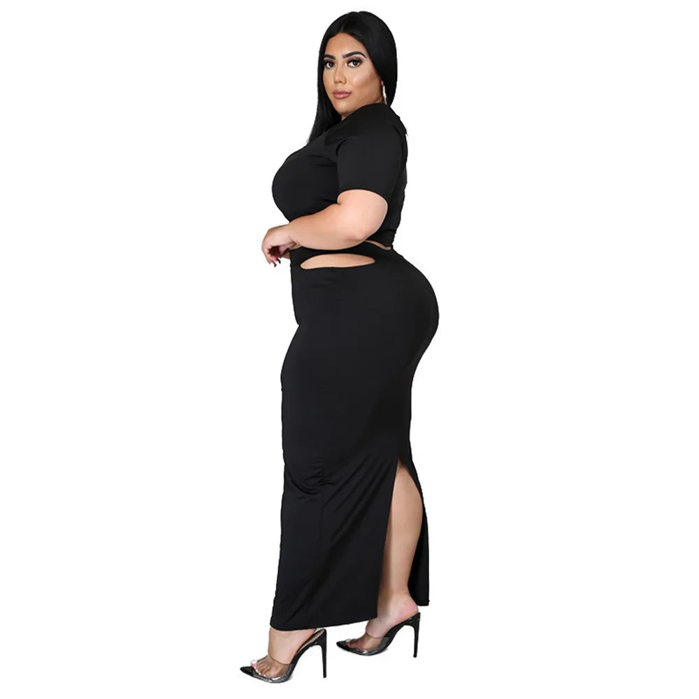 Plus Size Two-Piece Skirt Set – Hollow Out Short Sleeve T-Shirt and Bodycon Skirt, Women's Clubwear