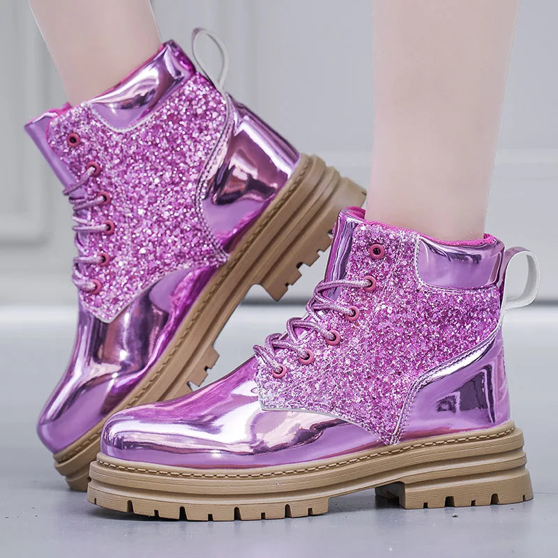 Luxury Pink Winter Boots for Women | Designer Ankle Boots with Trendy Platform | Glitter Patent Leather Shoes