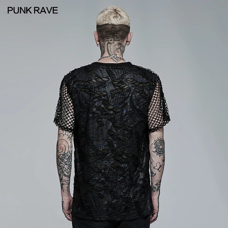 PUNK RAVE Men's Goth Daily Wear Knited Broken Holes Splices Mesh Short Sleeve T-shirt Fashion Personality Casual Loose Tees