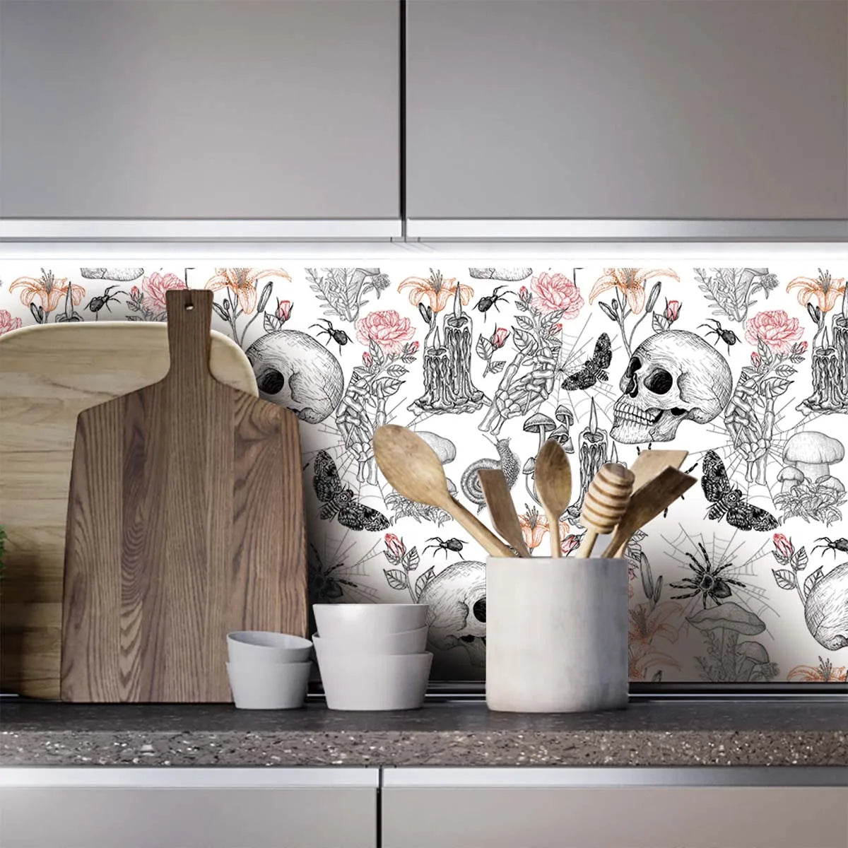 1PC 45x300cm PVC Self-Adhesive Wallpaper - Dark Castle Elements with Skulls, Spiders, Candlesticks, Mushrooms